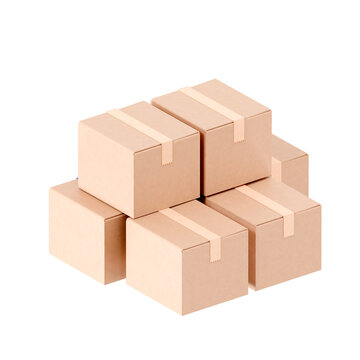 A stack of sealed kraft cardboard parcels with beige paper texture and packing tape, representing warehouse inventory, bulk shipping, and order fulfillment.