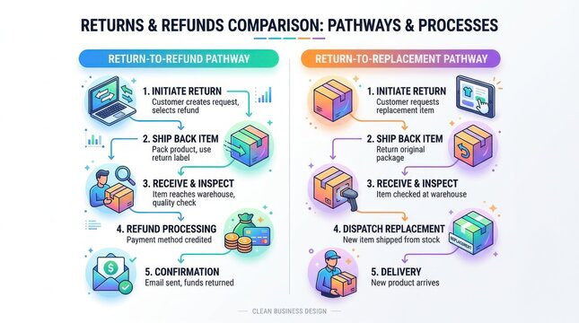 Returns and refunds comparison infographic showing step by step pathways for customer refund requests and product replacement processes