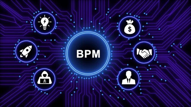 Business process management bpm concept with digital circuit board background, featuring animated for innovation, financial growth, partnership, cybersecurity, and corporate strategy