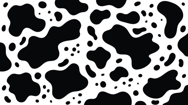 Cow print pattern background with black organic spots and shapes on white backdrop