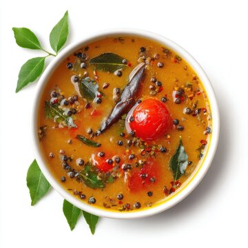 Onam rasam spicy tamarind soup with tomatoes and black pepper  isolated on a white background