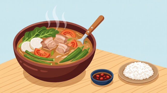 An illustrated bowl of steaming hot Filipino sinigang soup with pork, vegetables, and tomatoes, served with a side of rice and dipping sauce on a wooden table.   