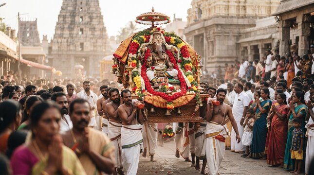 Vinayaka statue carried in traditional hindu temple procession