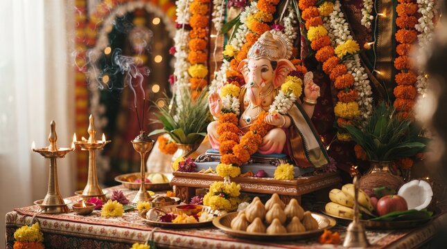 Vinayaka idol decorated with flowers and sweets for festival ritual