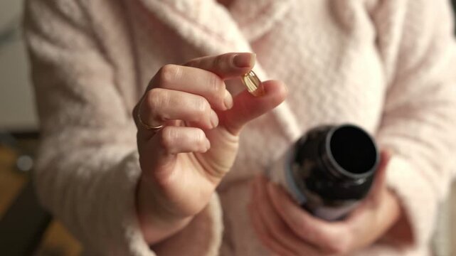 Woman in soft robe displays omega-3 capsule above a black supplement bottle, highlighting the golden gel capsule in a bright indoor environment