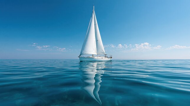 Single white sailboat floating on a calm turquoise ocean under a clear blue sky with gentle water ripples reflecting the bright summer sun