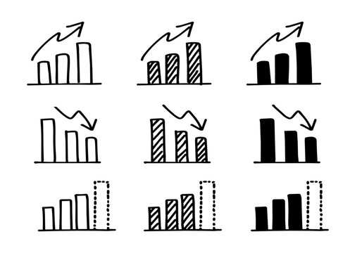 Hand drawn doodle bar graph icons for growth, decline and forecast / 手描き 棒グラフ アイコン セット 成長・減少・予測 ビジネス素材