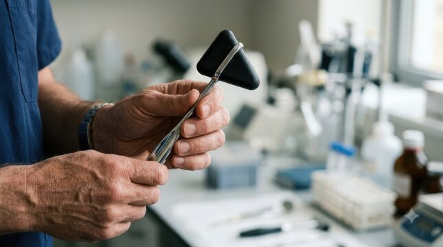 Medical professional holding a reflex hammer in a clinical laboratory setting for neurological examination