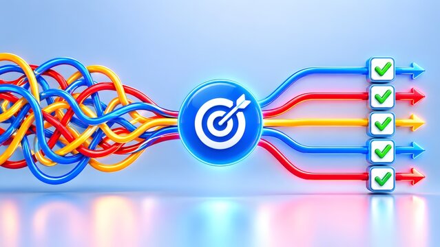Tangled colorful lines passing through a blue target into straight arrows with checkmarks. Concept of problem solving and workflow optimization.