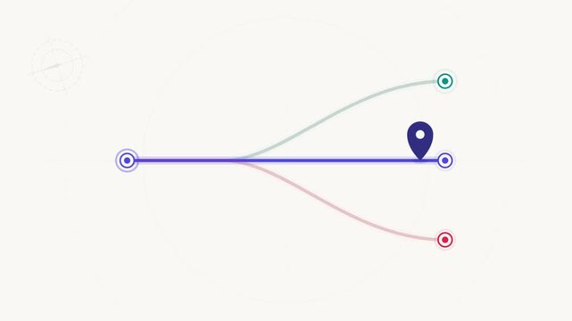 Animated infographic showing path splitting into multiple routes with location pin representing choice and strategy decision making