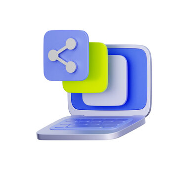 3D illustration of laptop with stacked share icon panels for social media sharing, content distribution, digital marketing, network connection, and online communication.