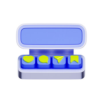 3D illustration of social media action bar with engagement buttons for like, comment, share, save, and user interaction panel.