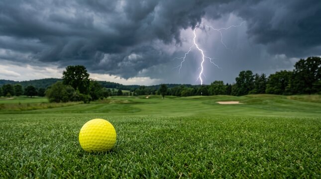 A golf ball on the green under a stormy sky with lightning