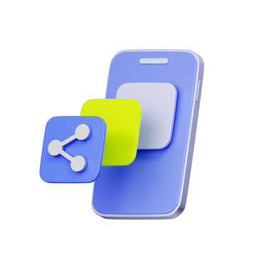 3D illustration of mobile phone with stacked share icon panels for mobile marketing, social media sharing, content distribution, digital network, and online communication.