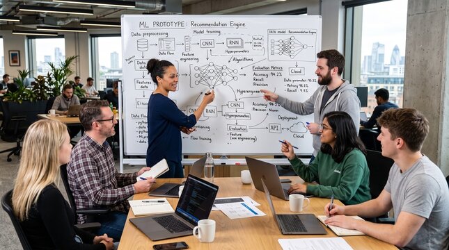 Diverse team collaborates on machine learning prototype for recommendation engine in modern office