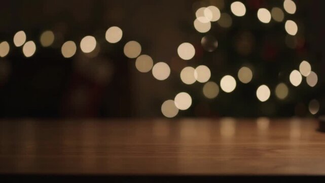 Empty wooden table top with blurred festive Christmas lights bokeh background