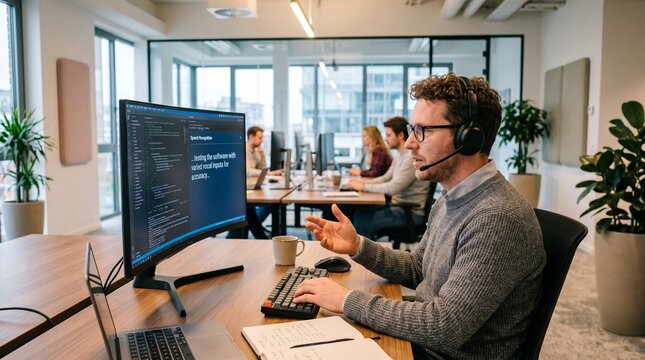 Man wearing headset testing speech recognition software on computer in modern office environment