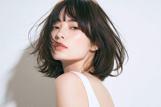 動きのある黒髪ボブと透明感のある素肌を印象的に見せる日本人女性の美容広告ポートレート