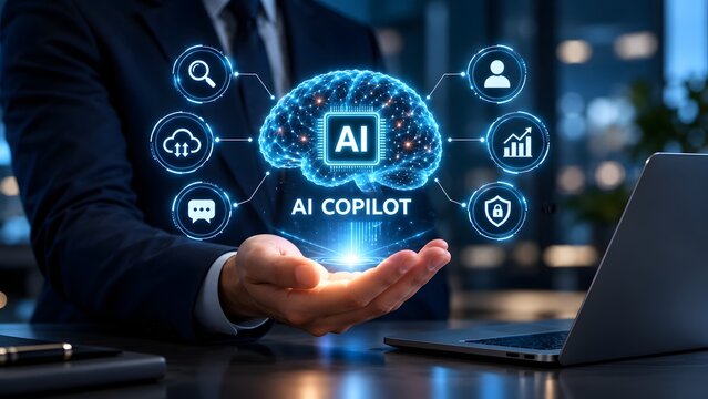 AI copilot and intelligent business assistant concept with glowing digital brain and icons