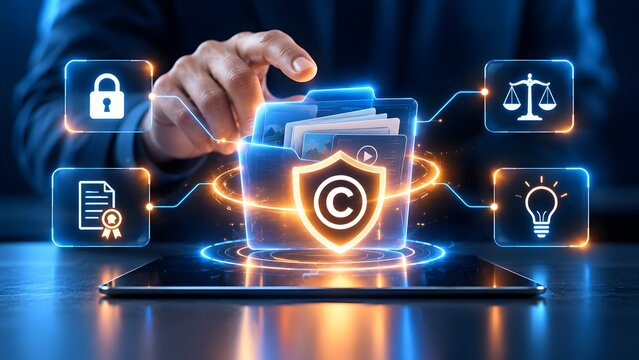 Hand Interacting with Glowing Copyright Folder Icon on Digital Interface for Intellectual Property Protection
