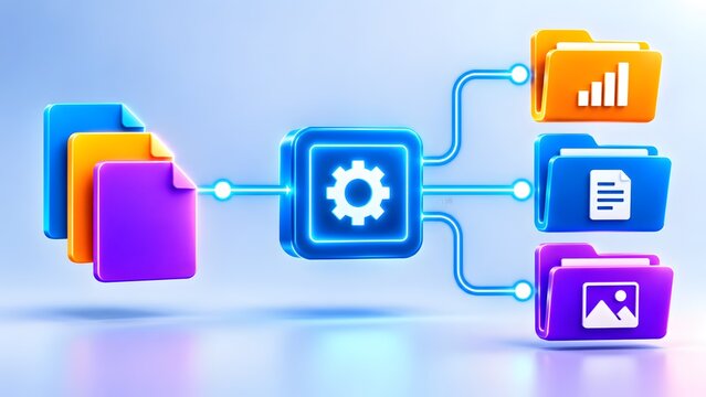 Colorful document files routing through a central gear icon into categorized folders. Concept of workflow automation and data organization.