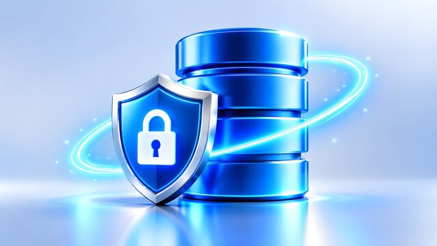 Blue database cylinder protected by a metallic shield with a padlock icon. Concept of cyber security and enterprise cloud data privacy.