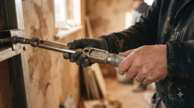 Middle-aged male worker using torque wrench for metal framing installation during construction