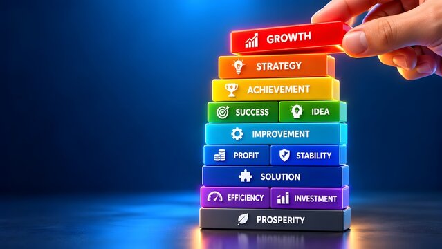 Hand placing a red growth block on a colorful stack of business bricks. Concept of wealth management, corporate development, and strategy.
