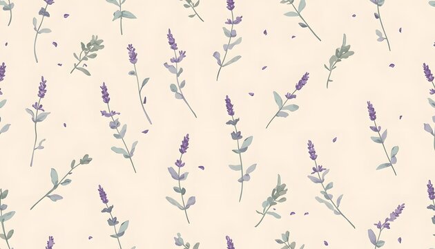 Minimal seamless pattern with delicate lavender sprigs and soft eucalyptus leaves.