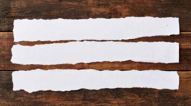 Three horizontal strips of white torn paper with rough, uneven edges arranged on a dark, weathered brown wooden plank