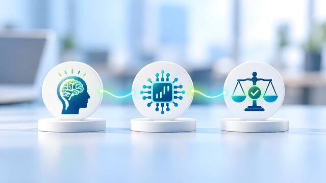 AI ethics and legal compliance concept with artificial intelligence brain and scales of justice icons