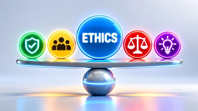 Glowing ethics icon on a metallic balance beam with shield, people, scale, and bulb symbols. Concept of corporate governance and integrity.