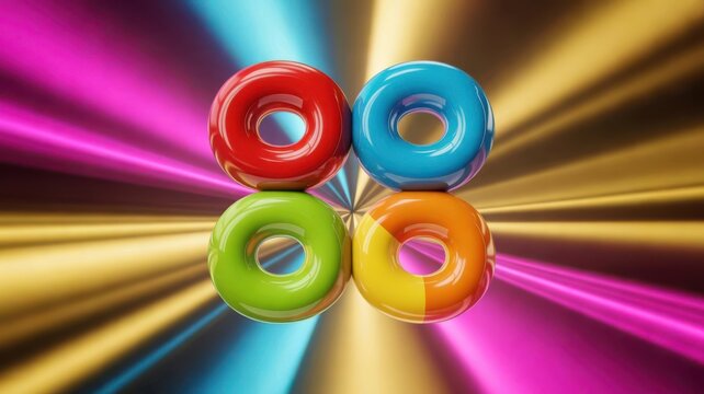 Four glossy colorful torus rings against a radiant radial light background