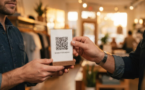 Customer scanning a QR code stand for menu inside a modern retail clothing boutique shop