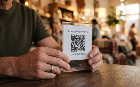 Middle-aged man holding a QR code sign for digital menu and online ordering in a cozy cafe