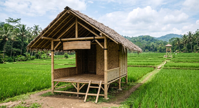 A hut in the middle of the rice fields for guarding the rice crop.
