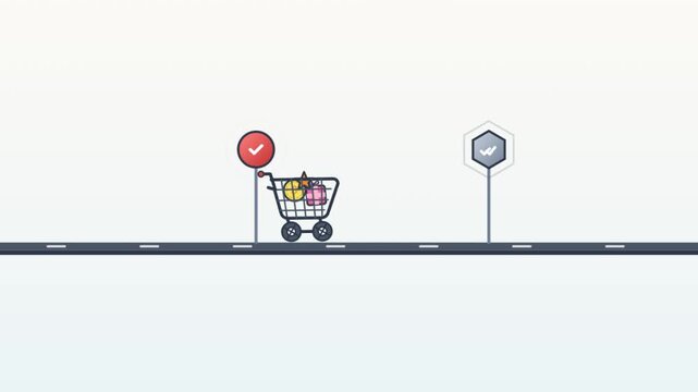 Animated shopping cart rolling past road signs on a clean background