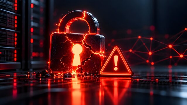 Shattered digital padlock with glowing red warning sign representing broken encryption hacked system and severe cyber security data breach.