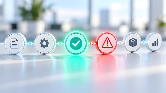 Business workflow sequence disruption showing process failure with glowing red warning alert interrupting the successful operational chain.