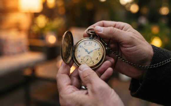 Vintage pocket watch held in hands outdoors representing time passage and nostalgia