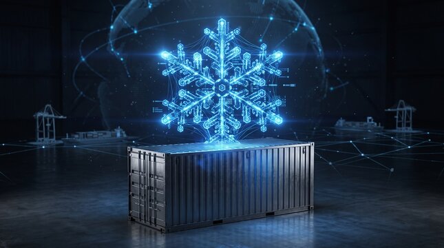 Abstract 3D Digital Snowflake Network Over Shipping Container