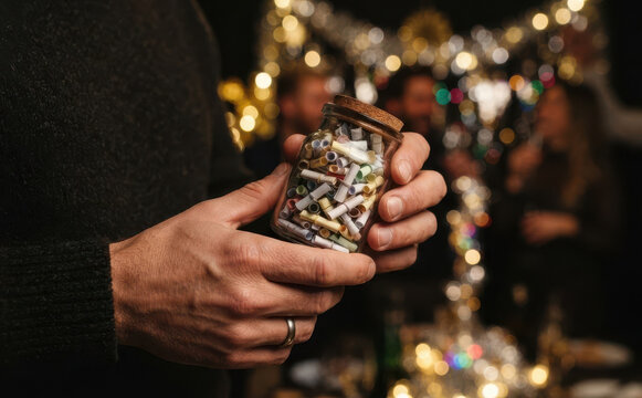 Man holding a glass jar filled with colorful paper notes for New Year resolution traditions at a festive party