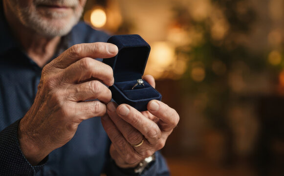 Senior man holding a small blue ring box with a diamond engagement ring inside proposing marriage