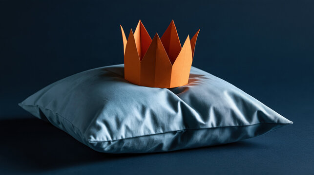 coussin bleu clair surmont&eacute; d&rsquo;une couronne en papier orange