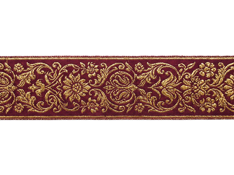 Isolated burgundy and gold jacquard ribbon with floral pattern cutout
