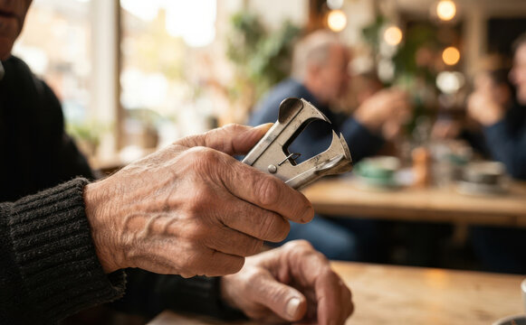 Elderly man holding a staple remover in a cafe, representing office work and administrative tasks in a casual setting