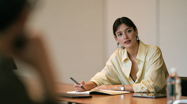 Professional businesswoman listening attentively and taking notes in a meeting