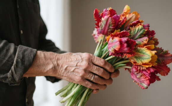 Elderly man holding a vibrant bouquet of colorful parrot tulips representing love and care in senior lifestyle