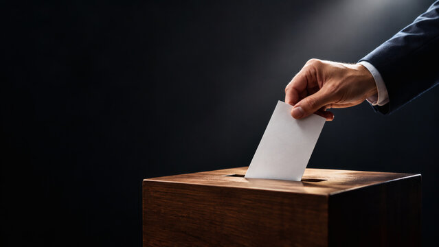 Businessman In Suit Casting Paper Ballot Into Black Box On Dark Dramatic Background, Election Voting Concept With Light Beam