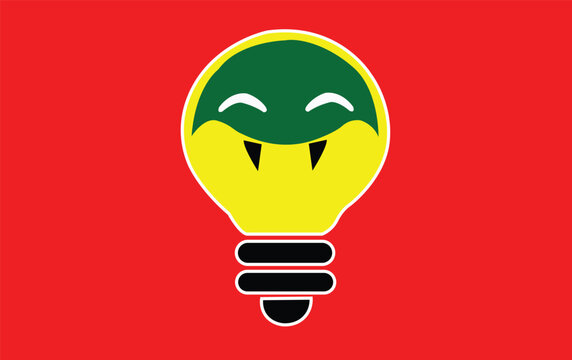 A bright idea concept represented by a cartoon-style light bulb with a snake's face and fangs, symbolizing cunning innovation and striking insights on a vibrant red background